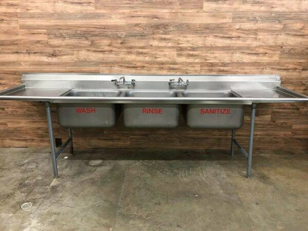 Advance Tabco 3-Compartment Sink w/ 2 Faucets and Left/Right Drainboards