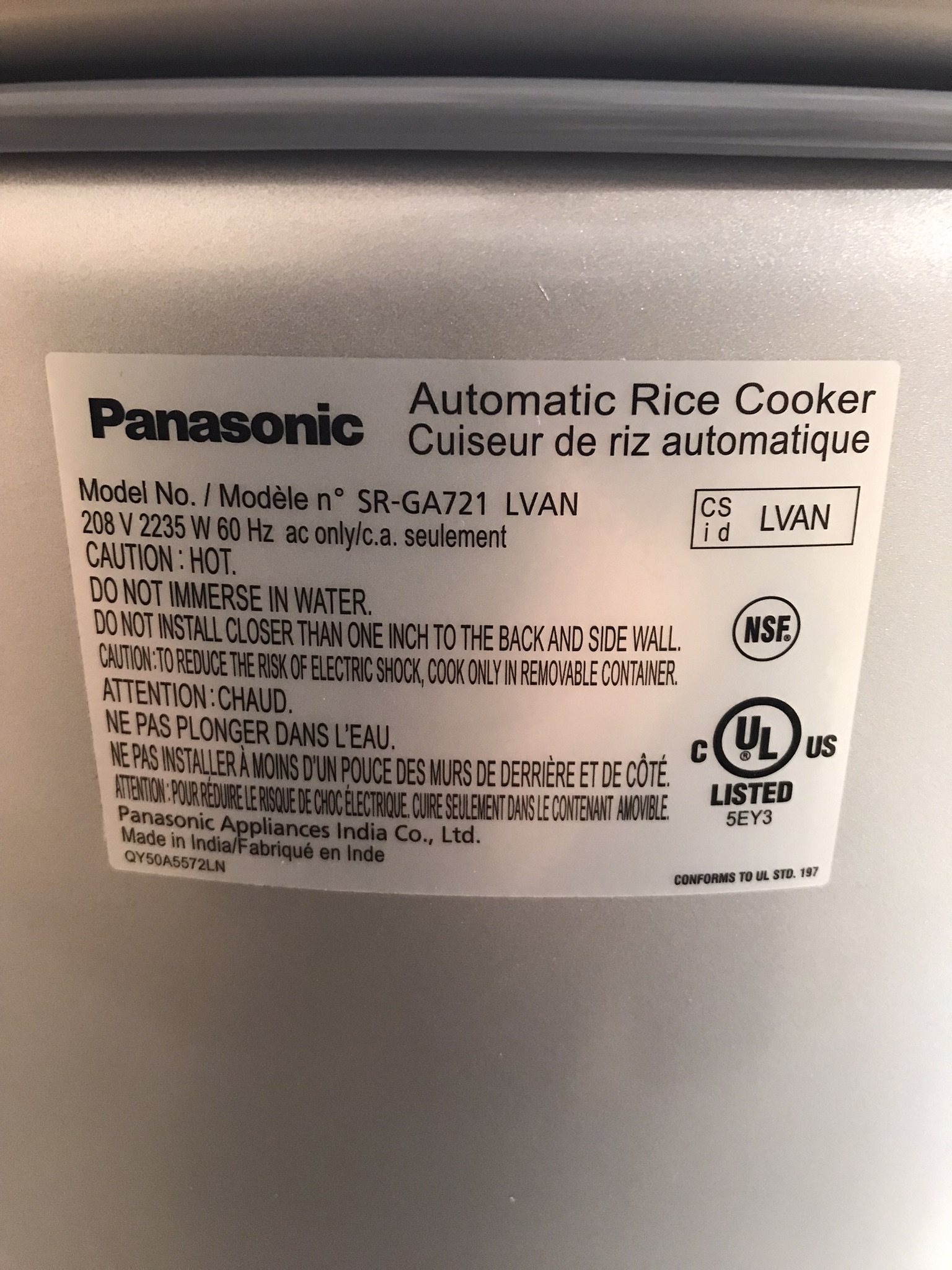 Panasonic SR-GA721L Rice / Grain Cooker